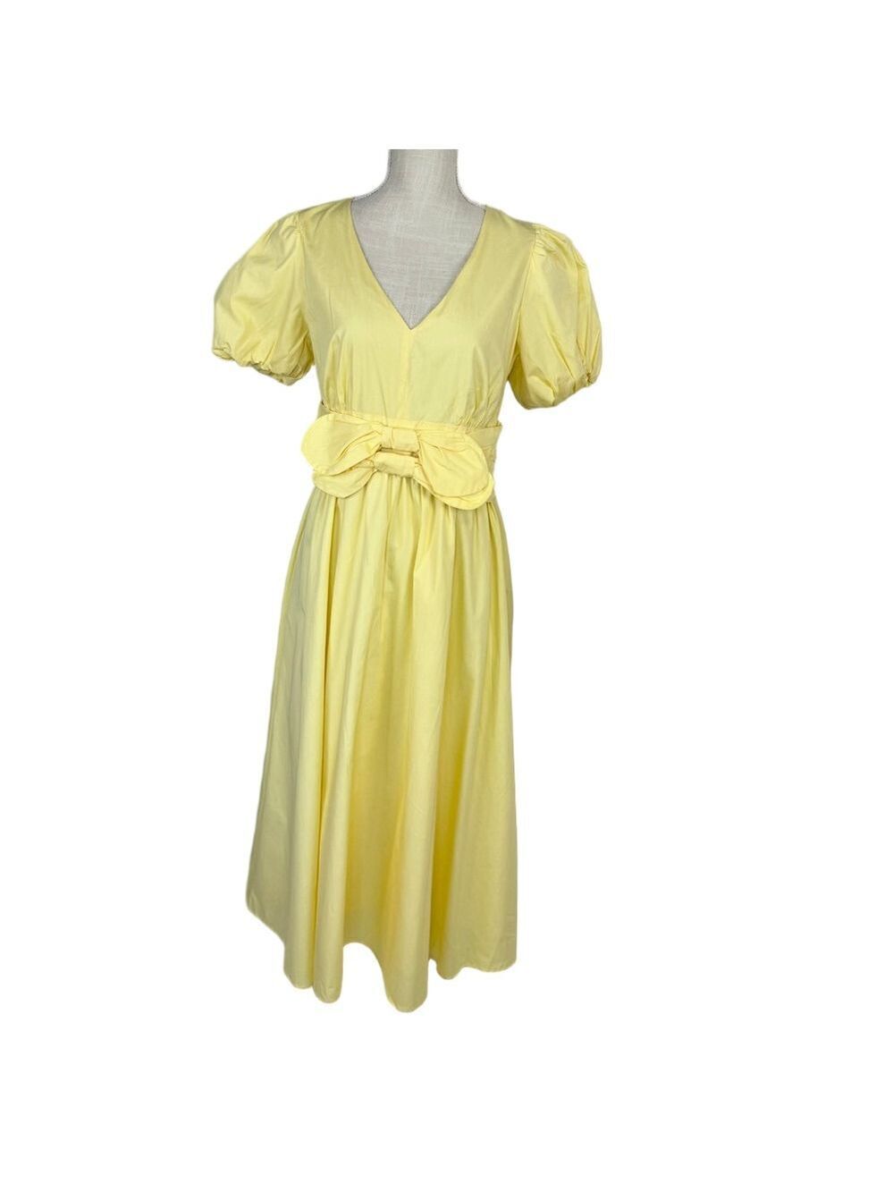 Moon River Midi Dress Front Bow Pastel Yellow Cotton Women's M